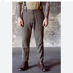 Bykowski Tailor & Garb brown herringbone Scofflaw suspender pants size 32